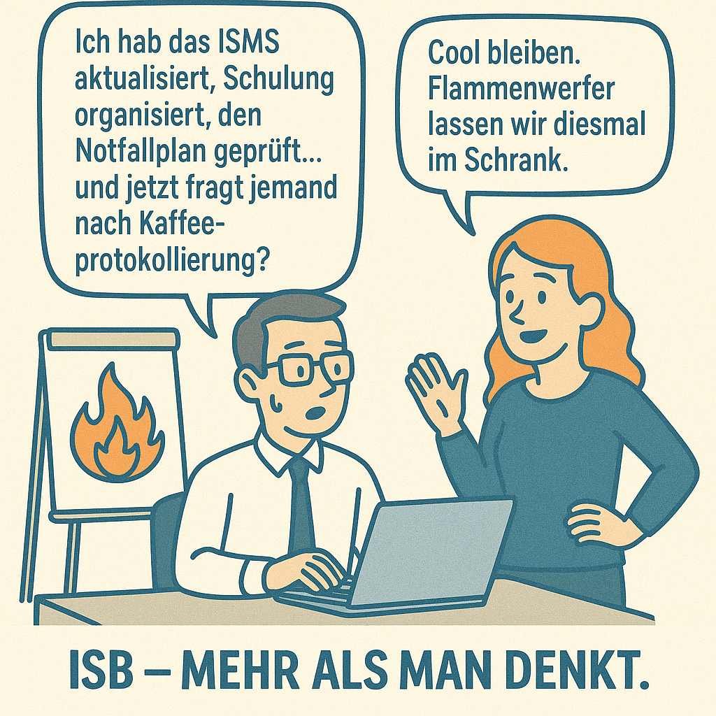 Eine Frau stehend beruhigt einen am Laptop sitzenden ISB. Im Hintergrund ein Flipchart in Flammen. Ein Text erläutert das Missverständnis der Aufgaben und Bedeutung des ISB