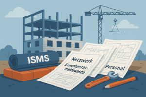 Ein unvollständiges Haus im Hintergrund, symbolhaft für ein ISMS. Davor ein Stapel aus Einzelkonzepten, die das ISMS bilden