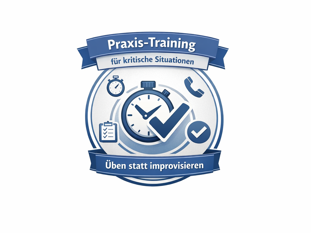 Badge für Stufe 1 der Tabletop-Übung – Praxis-Training für kritische Situationen. Motiv: Stoppuhr mit Häkchen, Checkliste und Telefon. Untertitel: Üben statt improvisieren.