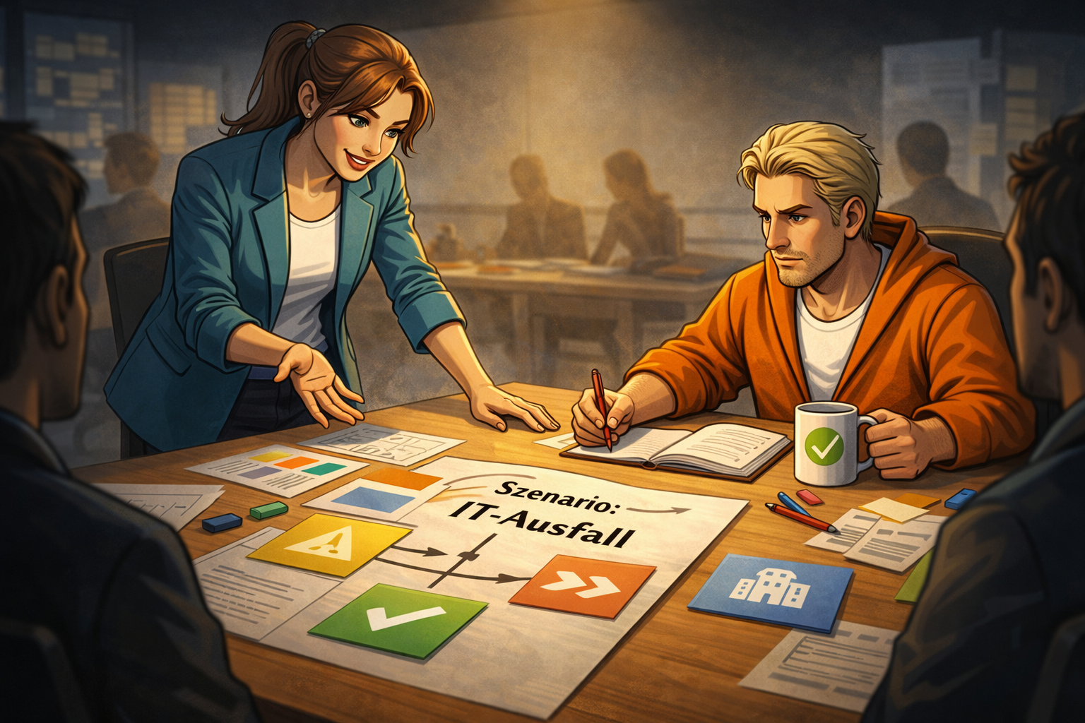 Agentin Cipher moderiert eine Tabletop-Übung am Konferenztisch. Der Datenschutz Dude schreibt konzentriert mit, Kaffeetasse in der Hand. Auf dem Tisch liegt ein Übungsplan mit "Szenario: IT-Ausfall". Symbolbild für die moderierten Krisensimulationen